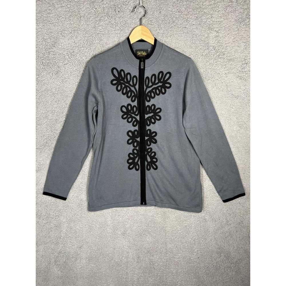 Bob Mackie Wearable Art Cardigan Sweater Womens Size Medium Gray Full Zip